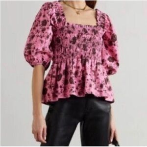 Ganni Smocked Black Rose Pink Puff Sleeve Peplum Cotton Smocked Blouse XXS 0